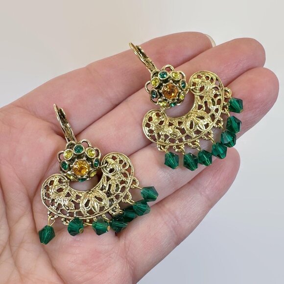Boho Earrings, Joan River, Gold, Green, Bohemian, Crystal, Rhinestone, Mogul - Picture 2 of 5